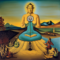 seorang bhiksu Buddha sedang bermeditasi di tepi sungai, painting by Salvador Dali